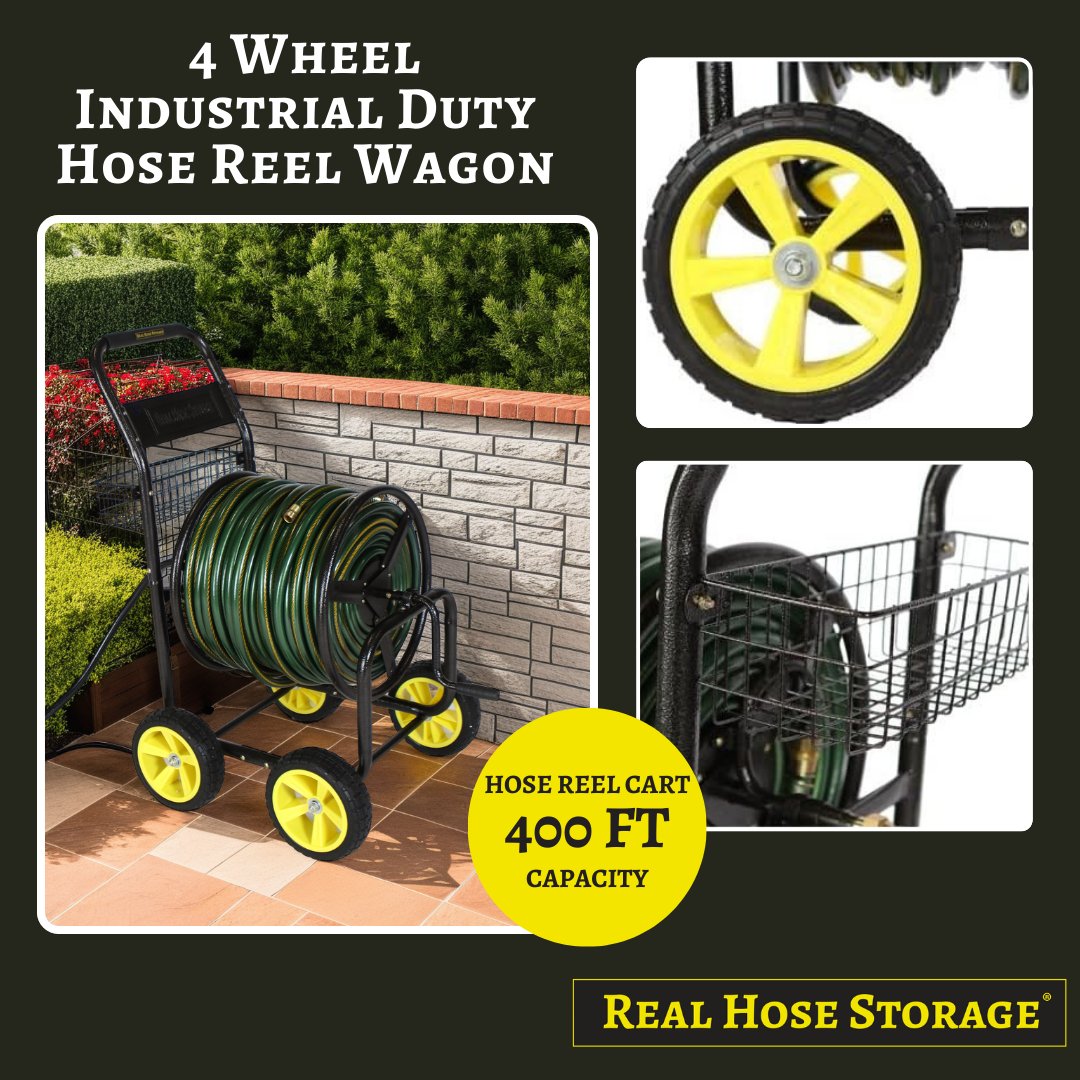 4 Wheel Hose Reel Cart with Wheels - 400ft Hose Capacity