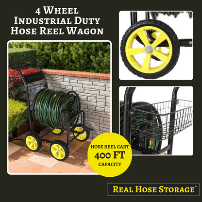 4 Wheel Hose Reel Cart with Wheels - 400ft Hose Capacity