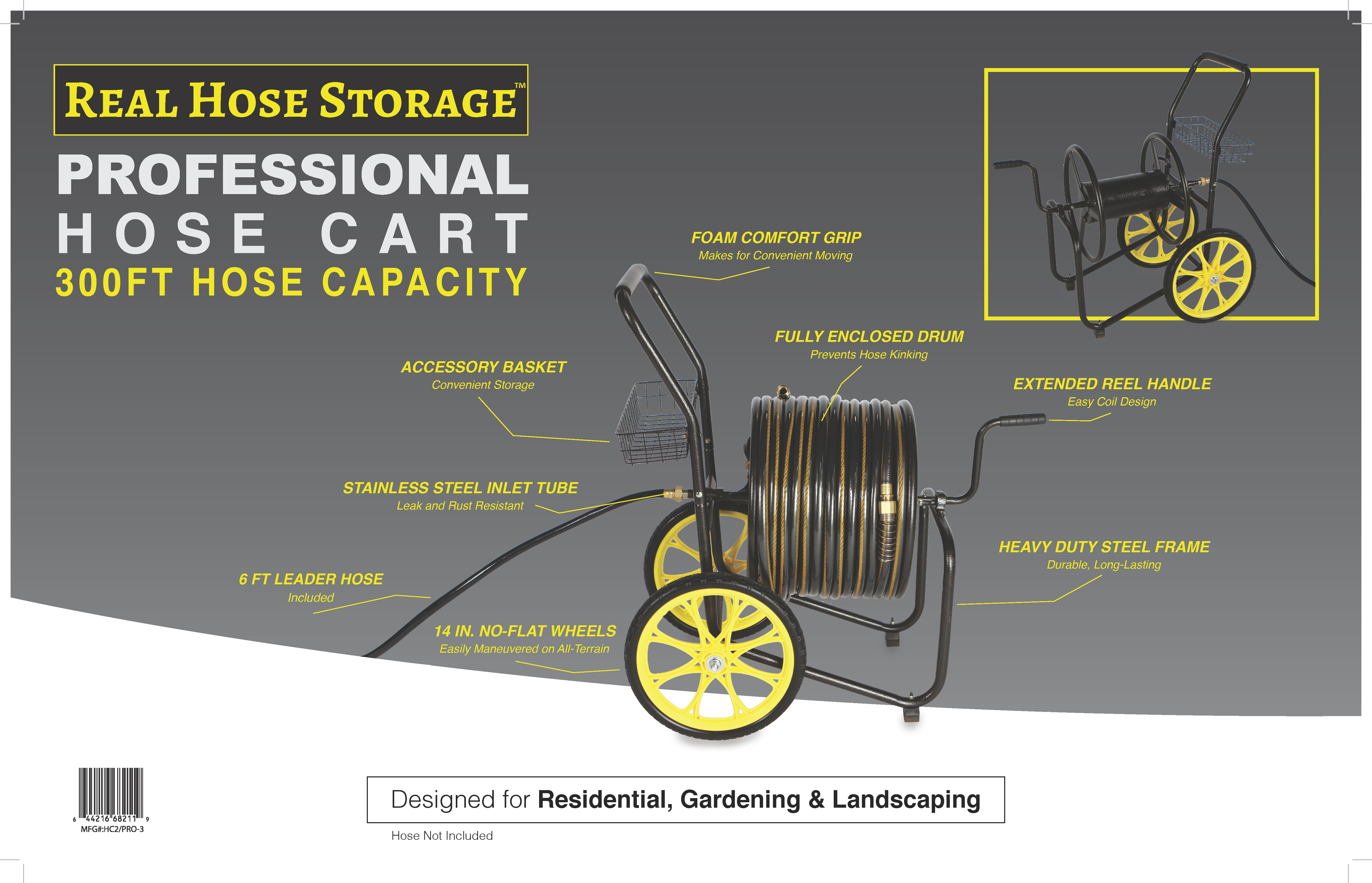 2-Wheel Professional Duty Hose Cart - 300ft Hose Capacity